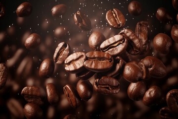 Flying coffee beans background. Close-up brown coffee beans banner. Closeup coffee grains background, Generative AI