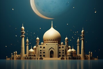 3D Islamic background featuring mosque, moon, and stars. Generative AI