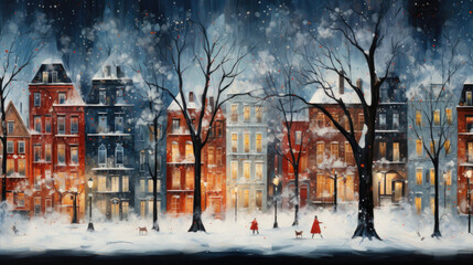 European colorful houses along winter snowy street, watercolor postcard - obrazy, fototapety, plakaty