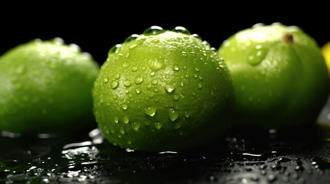 Water Drops Green Lemons and Slices on Selective Focus Background