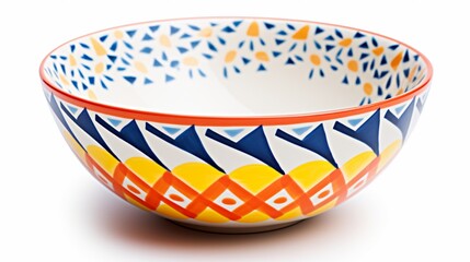 A melamine cereal bowl in a playful pattern, showcasing its durability and vibrant colors, against a radiant white platform.