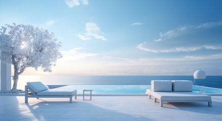 Furniture and beach luxury home with sky-blue, tranquil gardenscapes, poolcore. - obrazy, fototapety, plakaty