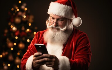 Santa claus is searching Christmas gifts through the mobile phone
