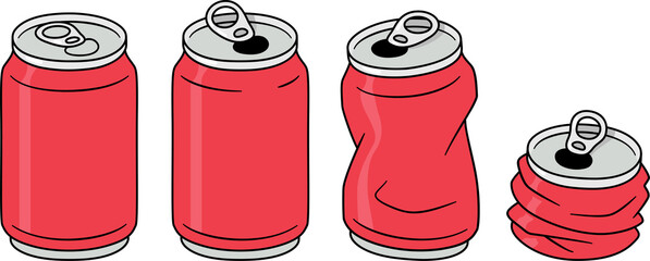 Crushed aluminum can drawing set. Simple red soda or beer can illustration.