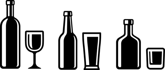 Alcohol drinks bottle and glass icons. Wine, beer and whiskey. Simple and stylish black and white illustration.