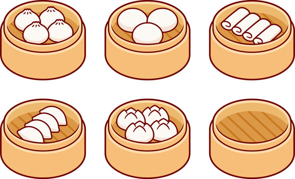 Dim sum, traditional Chinese dumplings, in bamboo steamer baskets. Spring rolls, potstickers, bao buns. Asian food illustration, cartoon drawing set.