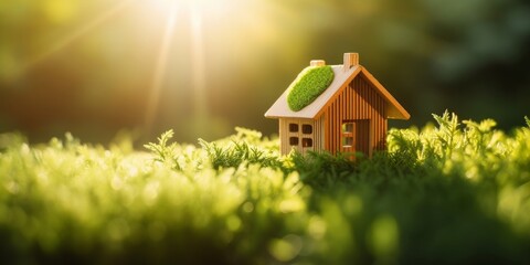 Eco house. Green and environmentally friendly housing concept. Miniature wooden house in spring grass, moss and ferns on a sunny day, Generative AI