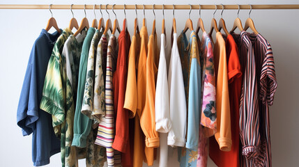Mix of fashion clothes of different color and style in a hanger in a store against a solid color background