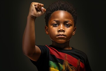 An African-American boy with a raised fist is seeking justice. Black History Month. Black isolated background. - obrazy, fototapety, plakaty