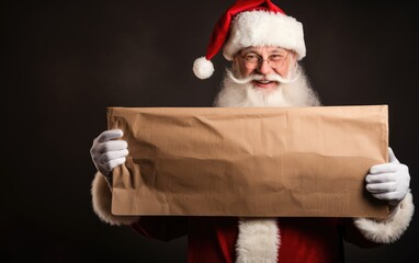 Santa claus is holding a blank cardboard sign, space for text
