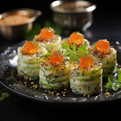 Cucumber Cups with Dill Cream and Smoked Salmon on Selective Focus Background