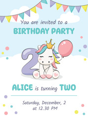  Birthday party invitation card with cute pony, balloon and number two. Vector illustration