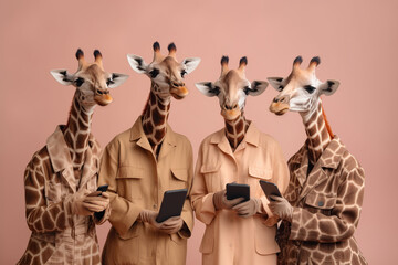 portrait of four giraffes holding phones - obrazy, fototapety, plakaty