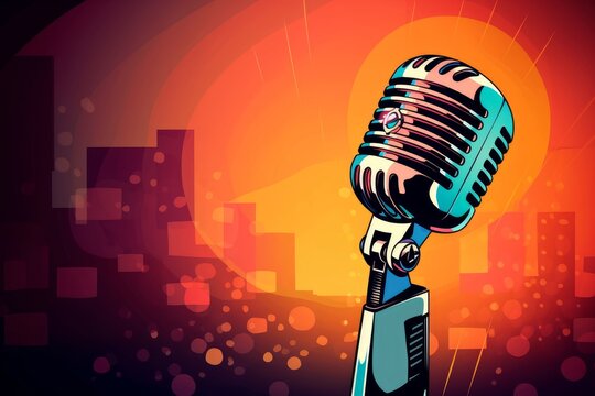 Retro style microphone on a stage with comic background. Microphone, Generative AI