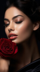 Fototapeta na wymiar The Ethereal Elegance of a Rose-Embellished Beauty Perfect Makeup Adorning a Model's Serene Smile in a Portrait of Femininity