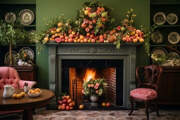 Inviting atmosphere featuring green walls, a floral fireplace, and a table adorned with fruits. Warmth and comfort are evoked through raspberry, blush pink, holly green, peach, and. Generative AI