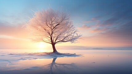 A lone tree with ice-glazed branches overlooks a tranquil lake at dawn, with soft pastel skies.