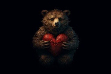 A bear holding heart on a dark background. Generative AI