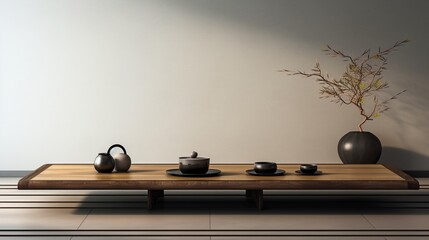 A minimalist Japanese low dining table, set with traditional dishes, bowls, and chopsticks, against...