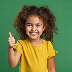 Photo of cheerful little girl in yellow shirt and happy giving smiling thumbs up, isolated on green background.