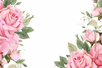 Fototapeta na wymiar Pink watercolor rose and green leaf border for wedding and greeting illustrations. Generative AI