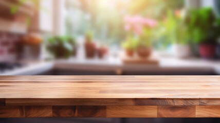 Obraz na płótnie Canvas Wood table top on blur kitchen counter background