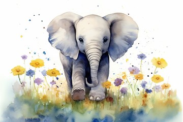 Watercolor painting of a cute baby elephant on a blooming meadow. Baby elephant. Aquarelle illustration, Generative AI - obrazy, fototapety, plakaty