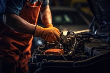 Car repair technicians work on electric batteries and maintain car batteries.