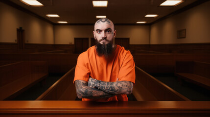 Court of Law and Justice Trial Proceedings Portrait of Accused Male Criminal in Orange Jumpsuit Giving Testimony to Judge, Jury. Speech of Law Offender Denying Charges, Pleading, Asking for Pardon. - obrazy, fototapety, plakaty