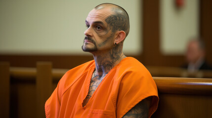 Fototapeta premium Court of Law and Justice Trial Proceedings Portrait of Accused Male Criminal in Orange Jumpsuit Giving Testimony to Judge, Jury. Speech of Law Offender Denying Charges, Pleading, Asking for Pardon.