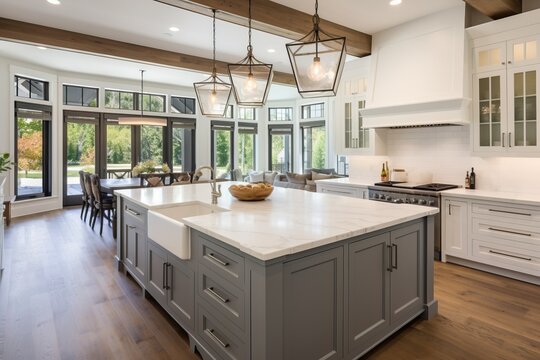 Traditional kitchen in a luxury home luxury chandeliers and large windows