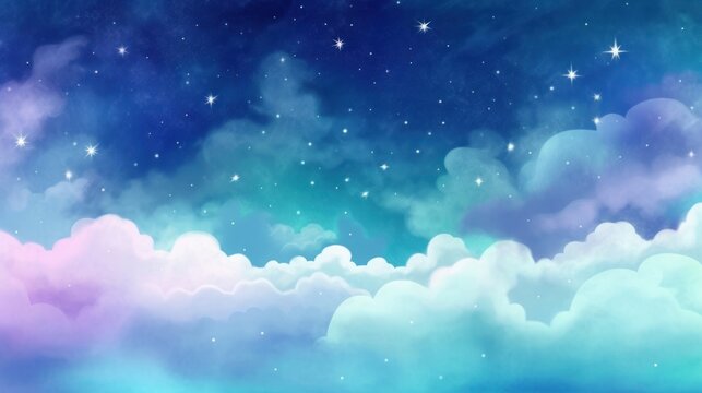 Cute starry sky illustration Sky above the clouds Fantasy background, Generative AI