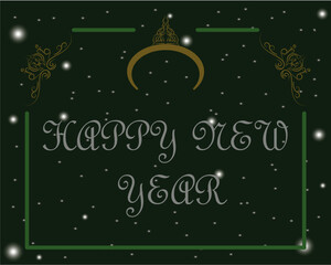 Happy new year silver text and golden ornament with green background.
