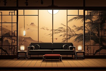 vintage japanese room background Traditional Japanese-style rooms on the upper floors with gold-lined walls decorated - obrazy, fototapety, plakaty