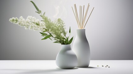 A modern herbal diffuser, emitting a fine mist of aromatic essence, showcased on a crisp white surface.