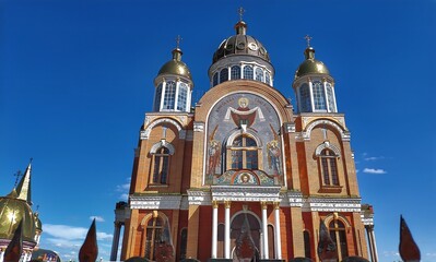 Obraz premium Orthodox cathedral with golden domes, Christian religious background