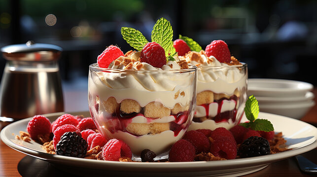 A Tray of Spoon Dessert with Cream and Strawberry in Glasses Contemporary Pastry Shop on Blurry Background