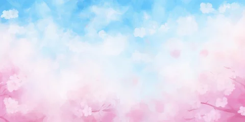 Poster Spring background with the image of blue sky and cherry blossoms Watercolor illustration material, Generative AI © Yash