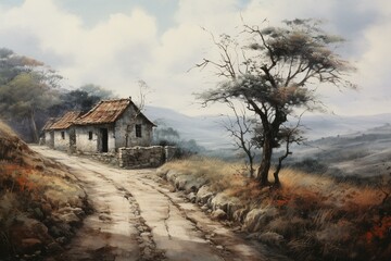 An artwork depicting a rustic path to a rural dwelling. Generative AI