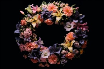 Floral wreath of mourning flowers on a dark backdrop for condolences. Generative AI