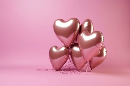 Pale pink love foil balloons with hearts on pink background. Generative AI