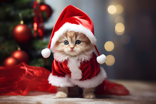 a cute kitten in Santa Claus dress for Christmas celebration with blur banner background and sparkling lights, black eyes and nose with light brown fur, Christmas decorated tree at the back