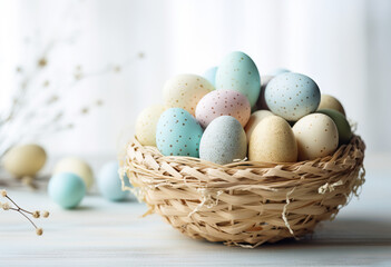 Naklejka na ściany i meble pastel colorful easter eggs in a small wicker basket over a wooden table