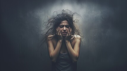 horizontal illustration of a girl portrait representing anxiety and depression AI generated - obrazy, fototapety, plakaty