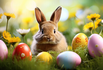 Easter bunny with easter eggs on meadow with flowers background