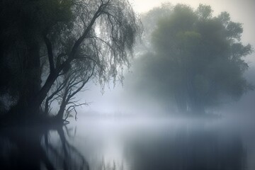A beautiful lake enveloped in mist, embraced by majestic trees. An artwork depicting a serene, ethereal scene. Generative AI - obrazy, fototapety, plakaty