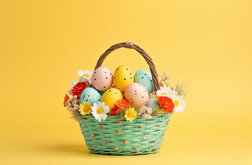 easter eggs wicker basket with colorful eggs on yellow background