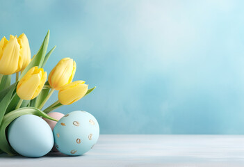 easter decoration eggs and yellow tulip flowers on blue pastel background