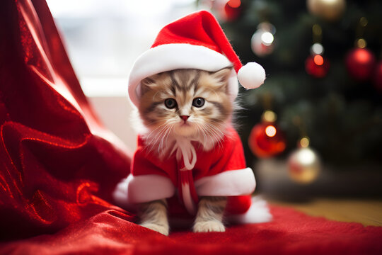 focused cat  in Santa Claus dress for Christmas celebration  and sparkling lights, black eyes and nose with light brown fur, with red silk cloth and Christmas decorated tree in the background