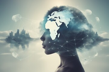 double exposure of woman with modern and modern digital map. concept of global network and globalization double exposure of woman with modern and modern digital map. concept of global network and glob - obrazy, fototapety, plakaty